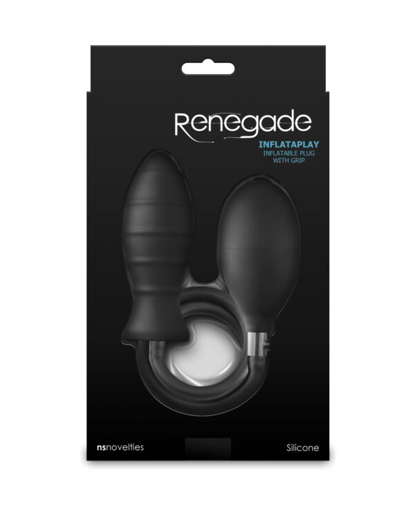 Packaging for Renegade Inflatable Play Silicone Plug with Grip, featuring a sleek black design.