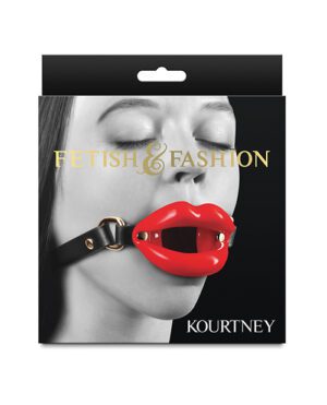 A product packaging image featuring a woman's face with closed eyes, wearing a red lip-shaped gag. Above her image, text reads "FETISH & FASHION" in golden font, and below is a name, "KOURTNEY," all set against a black background with a cut-out handle at the top.