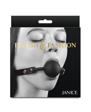 Product packaging featuring a woman with a ball gag in her mouth, with the text "FETISH & FASHION" above and the name "JANICE" below.