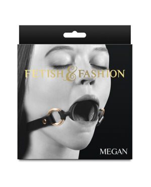 Product packaging featuring a close-up of a woman's lower face with a ball gag, with the text "FETISH & FASHION" above and the name "MEGAN" below.