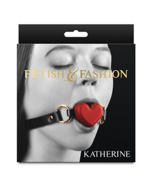 A package with a woman's face adorned with a black leather strap and a red heart-shaped gag in her mouth, labeled "FETISH & FASHION" by Katherine.