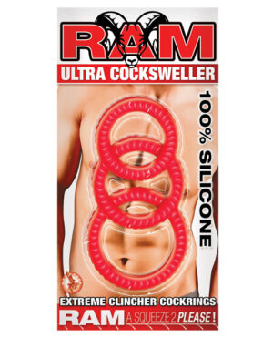 Packaging design featuring three red silicone rings against a background of a male torso with text highlighting product features.