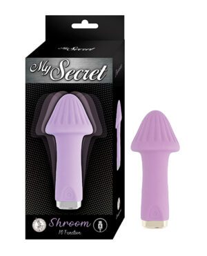 A purple handheld massager shaped like a mushroom, displayed alongside its packaging which reads "My Secret Shroom 10 Function."