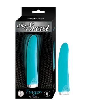 Product packaging for a turquoise "My Secret Screaming O" finger vibrator displayed next to its boxed packaging with the text "Finger 10 Function".