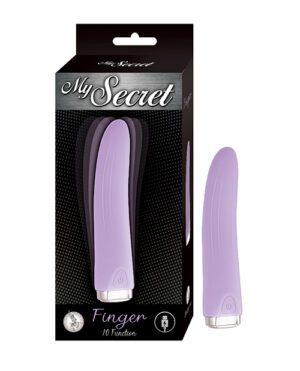 The image displays a product packaging for "My Secret Finger 10 Function", featuring a purple personal massager next to its box. The design suggests a discrete adult lifestyle product.