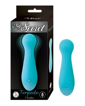 A teal personal massager labeled "My Secret Torpedo, 7 Function," displayed beside its packaging which features a black and teal design.