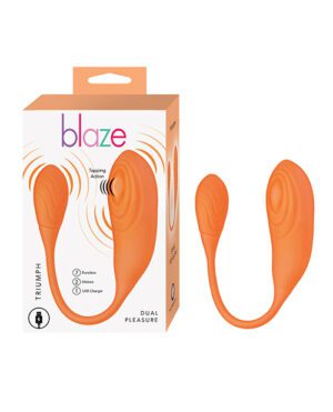 Product image of Blaze Dual Pleasure device with tapping action feature beside its retail box.