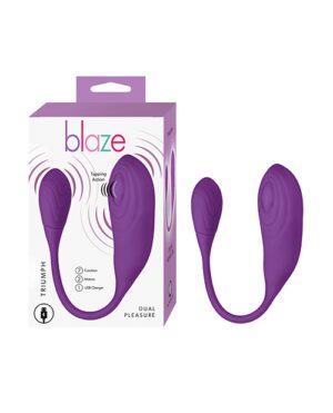 A purple Blaze Dual Pleasure massager beside its packaging box with product features listed.