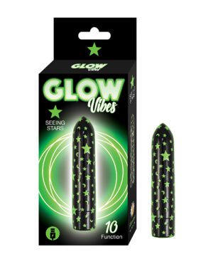 Product packaging for "GLOW Vibes" featuring a black and green theme with star patterns and the text "Seeing Stars" and "10 Function." An image of the product is displayed beside the box.