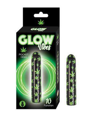 A product packaging for "GLOW Vibes Pocket High" featuring a black graphical design with green accents and cannabis leaf patterns; the package notes a 10-function feature.