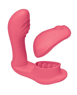 Two pink adult toys, one resembling a shaft with a textured surface and the other a small handheld device with buttons, displayed on a white background.