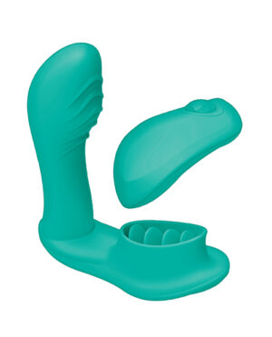 Two teal silicone devices, one shaped like a sock with ridges inside, and the other with an ergonomic design and multiple button controls.