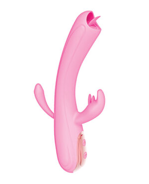 A pink, curved adult toy with multiple protrusions and control buttons, isolated on a white background.