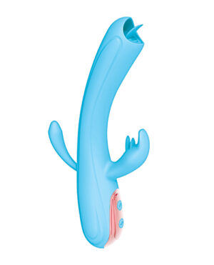 A blue silicone personal massager with a curved shape and external protrusions, featuring two buttons on its pink handle.