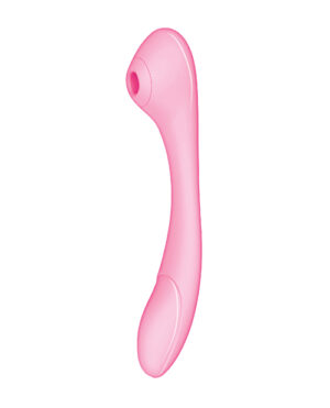 A pink curved handheld massage device with a rounded end and a hole near the top.
