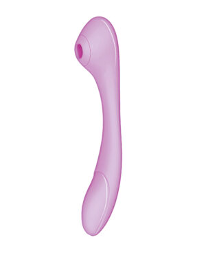 Alt text: A curved pink handheld device with a rounded end and a concentrated tip on a plain background.