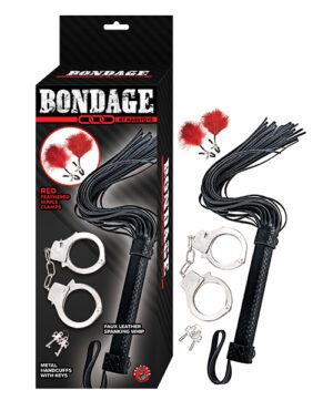 The image shows a product package for a bondage kit by Nasstoys. The kit includes red feathered nipple clamps, faux leather spanking whip, and metal handcuffs with keys, displayed both on and off the product packaging.