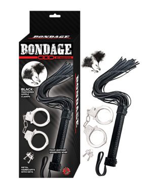 Product packaging for a "Bondage" kit by NastyToys, featuring a black faux leather spanking whip, black feathered nipple clamps, and metal handcuffs with keys.