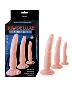 Set of three silicone training tools for vaginal and anal use, featuring varying sizes.