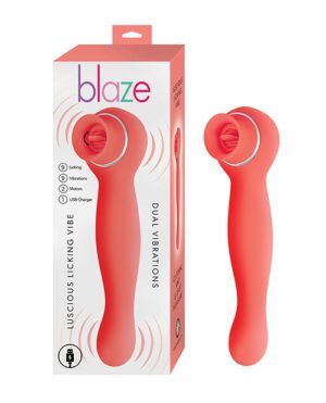 Product packaging and item for "blaze dual vibrations" with features such as licking, vibrations, and motions marked, and a USB charger.