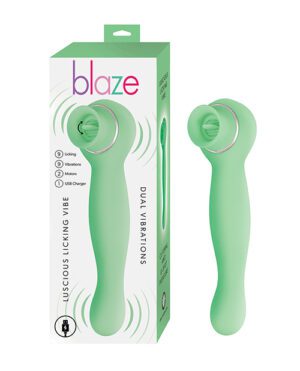 Product packaging and item display of a green "blaze" dual vibration personal massager with licking feature, two motors, and USB charger.