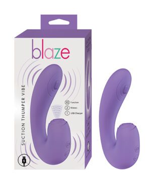 Packaging and product image showing the "blaze Suction Thumper Vibe" with features listed including 10 functions, 2 motors, and USB charger. The product is purple and shown adjacent to its box.