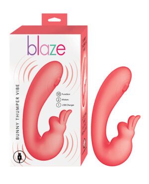 Alt-text: The image shows the packaging and product of the "Blaze Bunny Thumper Vibe", highlighting its features like 10 Function, 2 Motors, and USB Charger, with the device displayed both inside and outside the box.