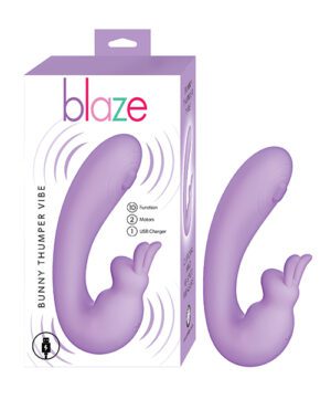 Product packaging for 'blaze bunny thumper vibe' with features listed: 10 function, 2 motors, USB Charger. The product is shaped like a bunny and is purple in color.