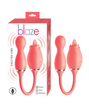 Product packaging for "blaze Exciter Vibe," featuring three silicone devices with a loop handle and bulbous body, in pink color, displayed alongside the box with the product name and icons indicating 10 function modes, 2 motors, and USB charger.