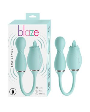 Alt text: The image shows the packaging and three views of a turquoise "blaze exciter vibe" product, highlighting its 10 function modes, 2 motors, and USB charger.