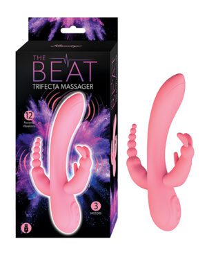 A pink adult massager with a trifecta design is presented next to its packaging that reads "THE BEAT TRIFECTA MASSAGER" with additional descriptors such as "12 Powerful Vibrations" and "3 Motors".