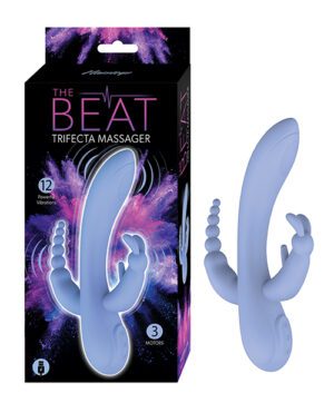 A product image showing a box with text "THE BEAT TRIFECTA MASSAGER" alongside an image of a blue, triple-ended massager; the massager itself is displayed to the right of the box, indicating three distinct parts designed for stimulation, with 12 vibration settings and 3 motors advertised.