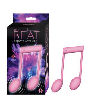 A box of "THE BEAT Remote Note Vibe" with a musical note-shaped vibrator displayed beside the packaging.