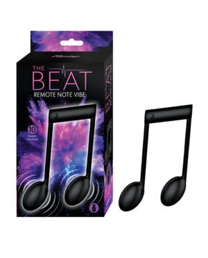 Product packaging for "The Beat Remote Note Vibe" with a graphic of musical notes and cosmic background.