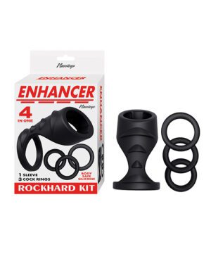 Packaging of a 4-in-1 Rockhard Kit with a sleeve and three rings displayed next to the box.