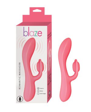 Product packaging and the pink personal massager displayed next to it with features listed on the package.