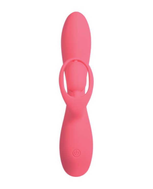 Pink silicone vibrator with a loop handle and power button, isolated on a white background.