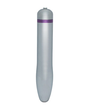 Silver handheld massage device with a purple band near the top, isolated on a white background.
