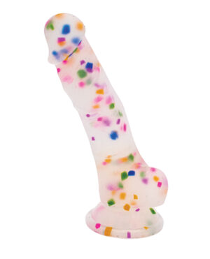 A multicolored confetti-patterned object on a white background.