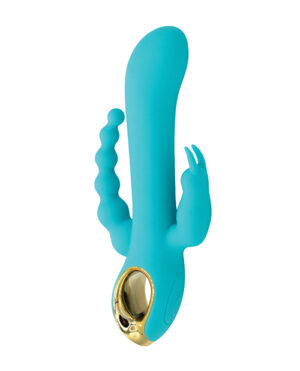 A teal adult toy with a gold-colored base, featuring a central shaft, external ridges, and a clitoral stimulator.