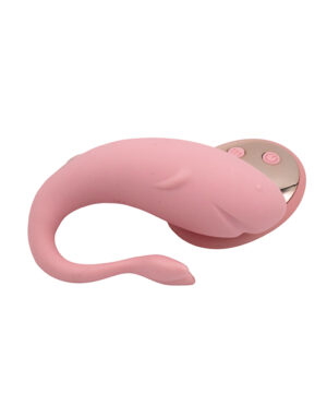 A pink silicone device with a tail and control buttons, designed to resemble a cartoonish marine animal.