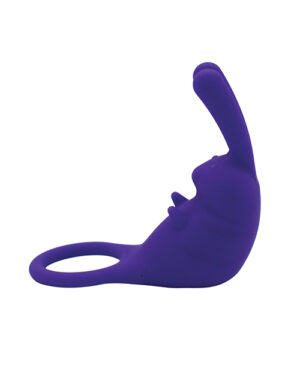 Alt text: A purple silicone device with a curved shape and a ring on one end, against a white background.