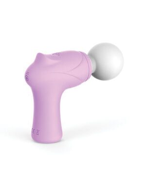 A purple massage gun with a white attachment ball, standing upright on a white background.