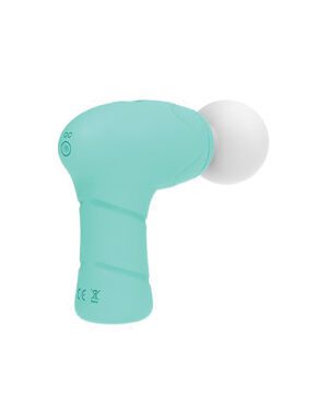 A teal handheld percussion massage gun with a white spherical attachment on a white background.