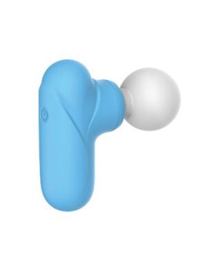 A single blue wireless earbud with a white ear tip against a white background.