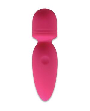 A pink silicone spatula on a white background.