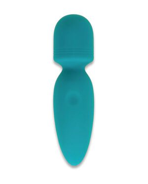 A teal-colored handheld massaging device with a rounded head and an ergonomic handle, isolated on a white background.
