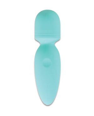 A turquoise plastic shoe horn on a white background.