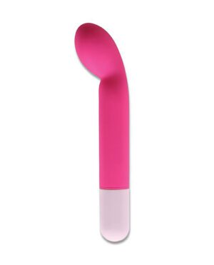A pink, curved silicone spatula with a white handle on a white background.