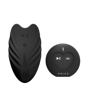 Two small black devices, one shaped like a heart with a pause and play button and a wave symbol, labeled "PRIVÉ," and the other shaped like a tongue with a power button symbol and CE marking.